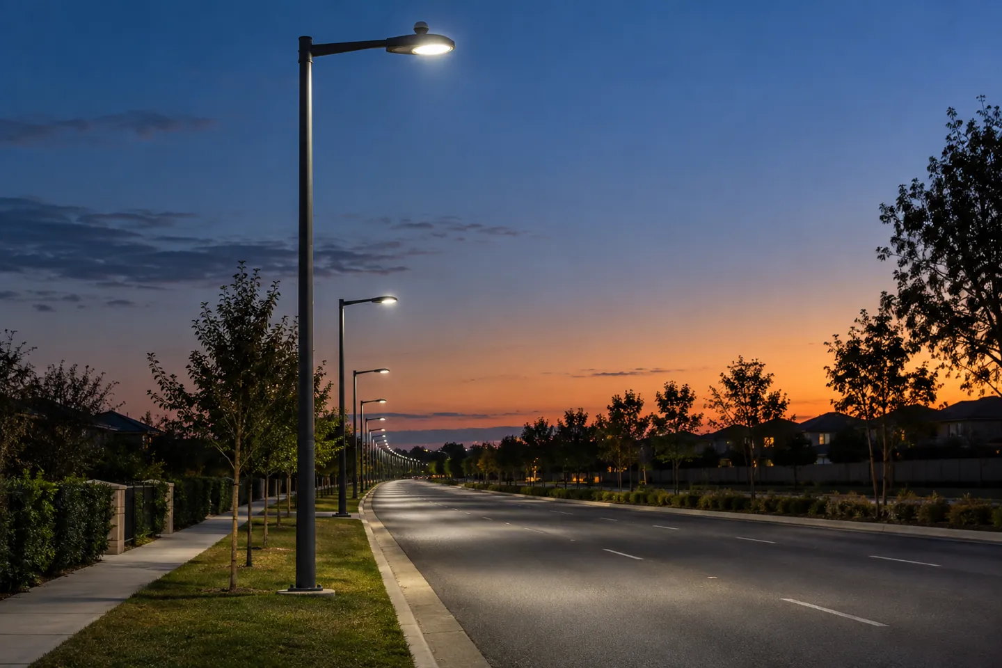 Una fila di lampioni a LED che si accendono automaticamente al calar del sole, ciascuno dei quali è controllato da un sensore fotocellula posto sulla sommità della testa del lampione.