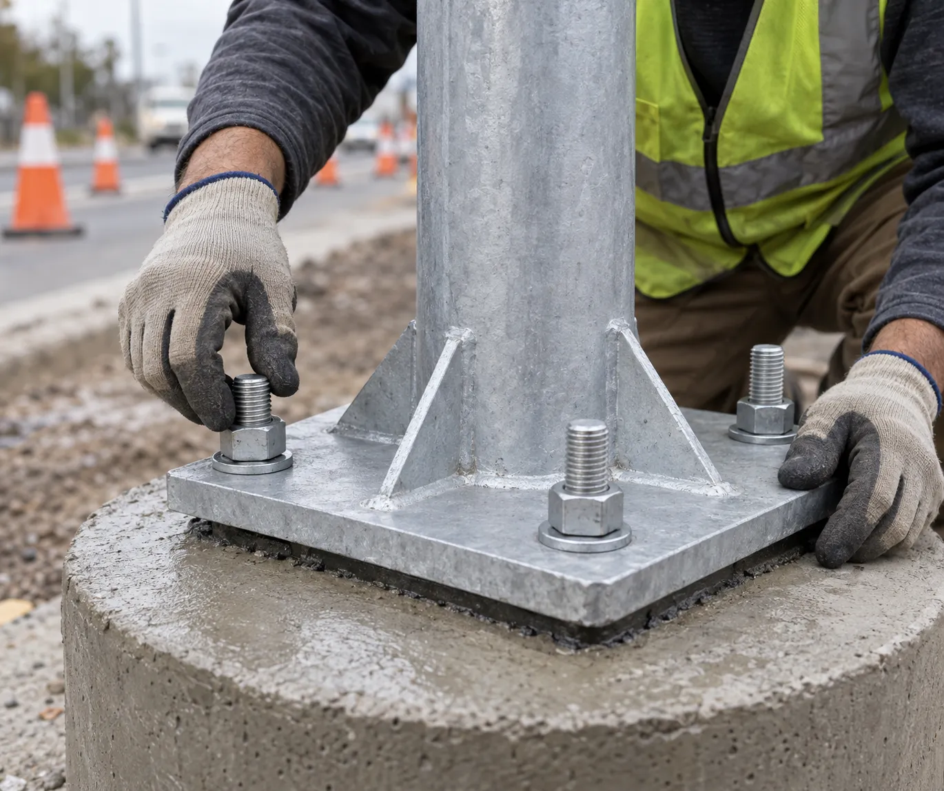A workman in gloves seating a galvanized steel pole flange base plate over four cast-in anchor bolts with washers and nuts on a round concrete pier during street light pole foundation installation.