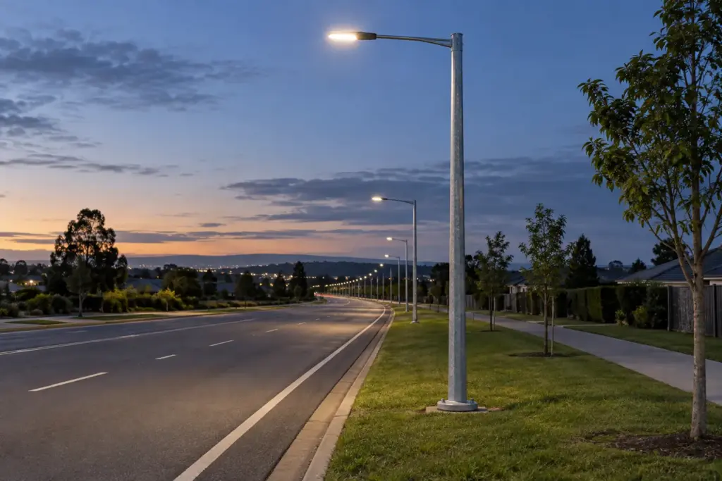 A row of modern LED street light poles at dusk along a suburban road, each pole rising from the kind of concrete base covered in this street light pole foundation details guide.