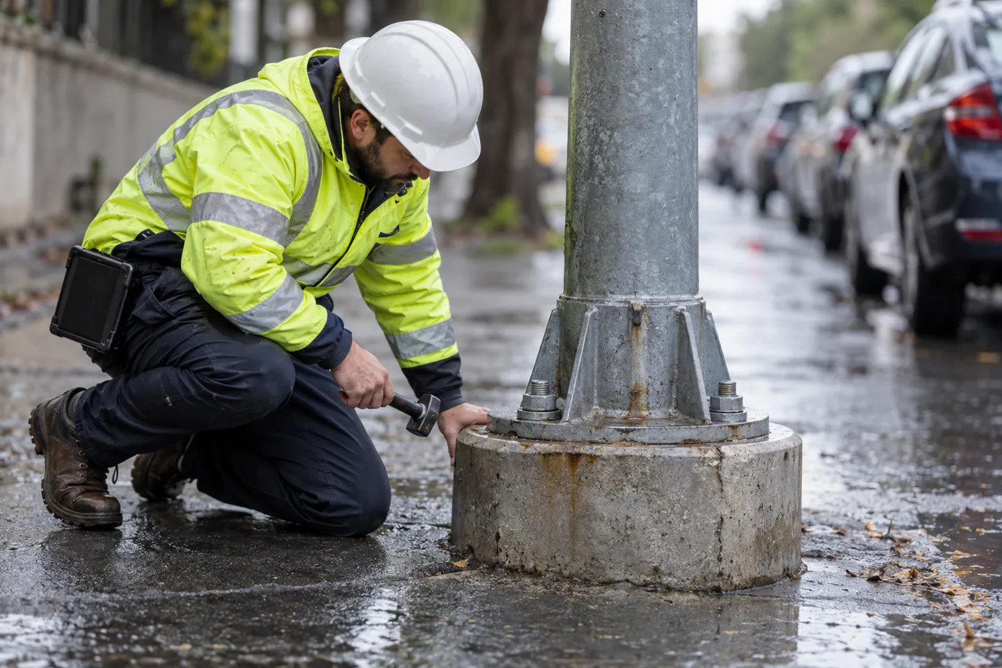 A municipal inspector kneeling with an inspection mallet at a street light pole base, checking the concrete collar and grout line for cracks and corrosion after wet weather.