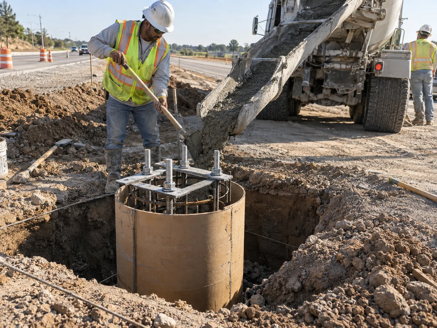 A road crew pouring concrete around a steel rebar cage while a positioning template holds four anchor bolts plumb on top of the formwork for a street light pole foundation.