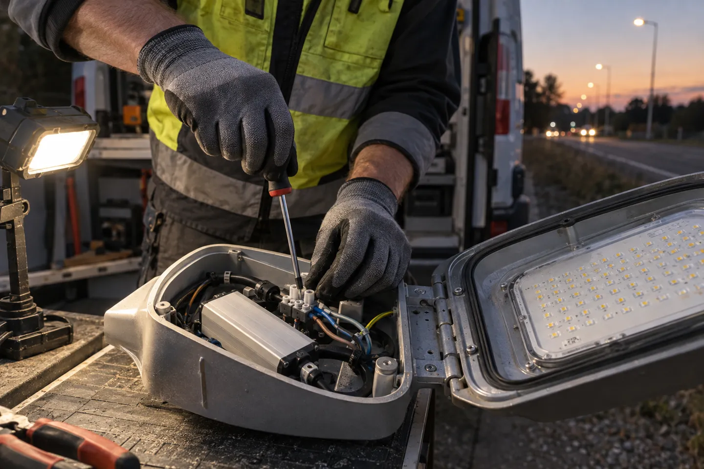 Um eletricista aperta os terminais de ligação de um controlador de LED no interior de um candeeiro de rua aberto, durante um diagnóstico de manutenção do sistema de iluminação pública.