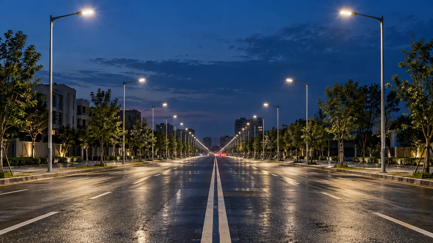 Fileiras de postes de iluminação pública modernos com LED que mantêm uma via arterial urbana a plena potência após o anoitecer, a condição das vias públicas que a manutenção da iluminação pública se destina a preservar.