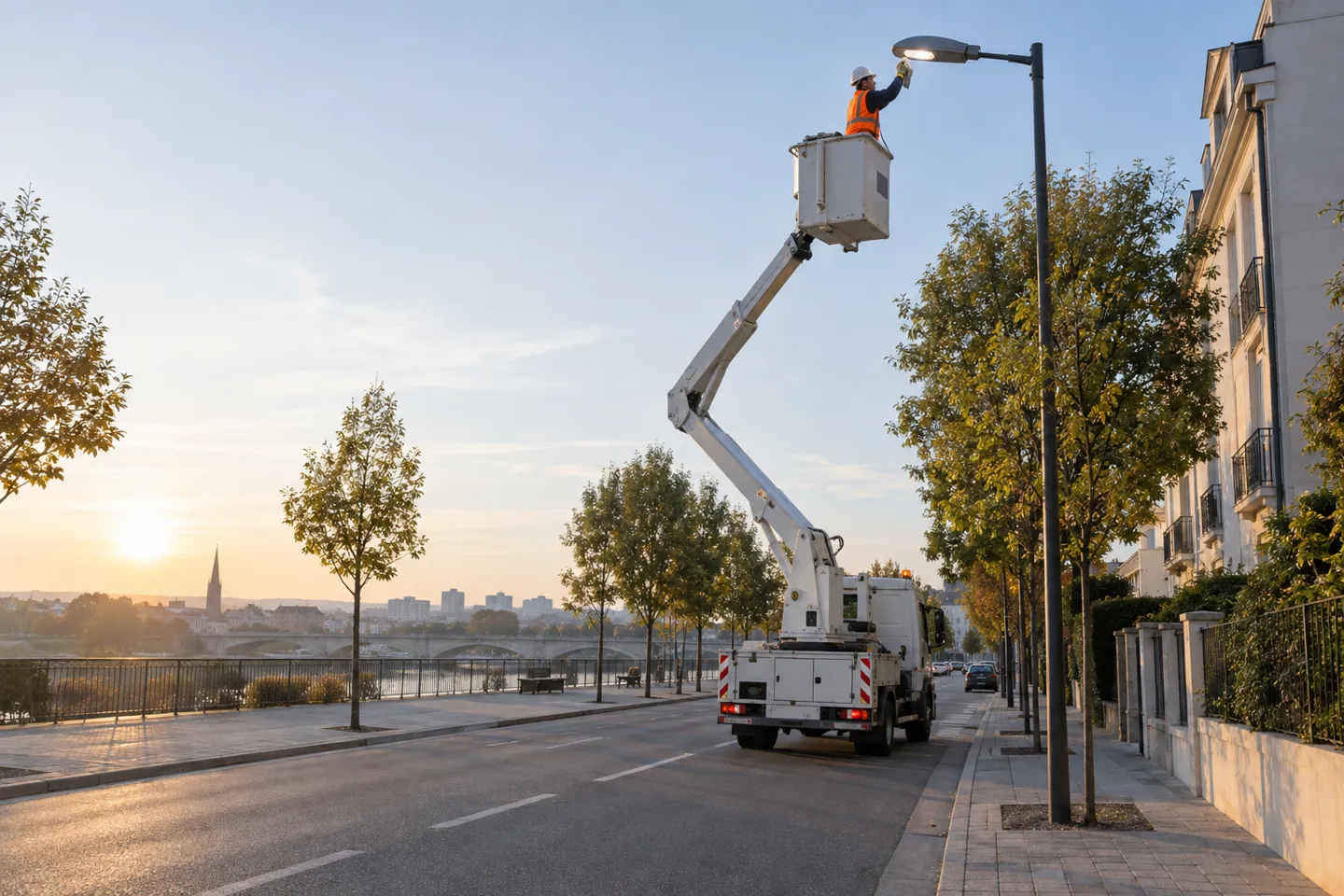 Um técnico num camião com cesta elevatória limpa a lente de um poste de iluminação pública LED, uma das tarefas de manutenção de rotina da iluminação pública que permite recuperar os lúmenes perdidos.