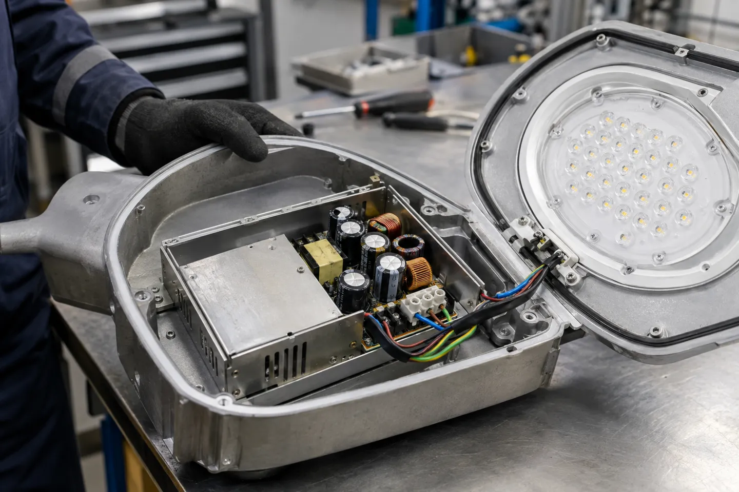 An opened LED streetlight fixture on a workshop bench revealing the LED driver power supply with its capacitors and wiring terminals, the component that surge protection for LED lights is designed to shield.
