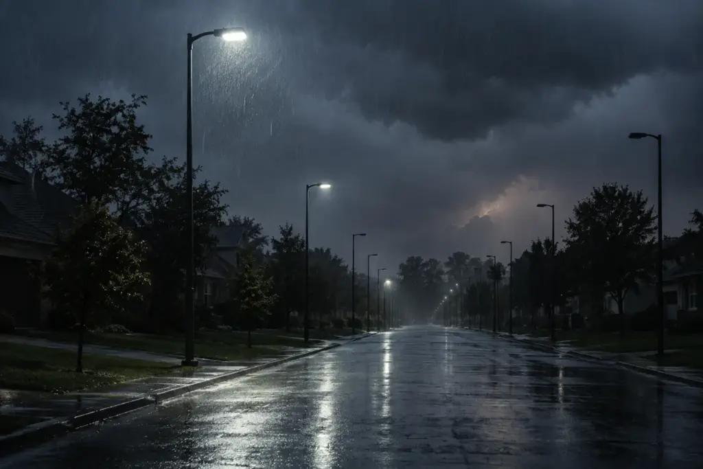 A thunderstorm passing over a street where most LED streetlights have gone dark, the surge scenario that makes surge protection for LED lights a core requirement for outdoor lighting systems.