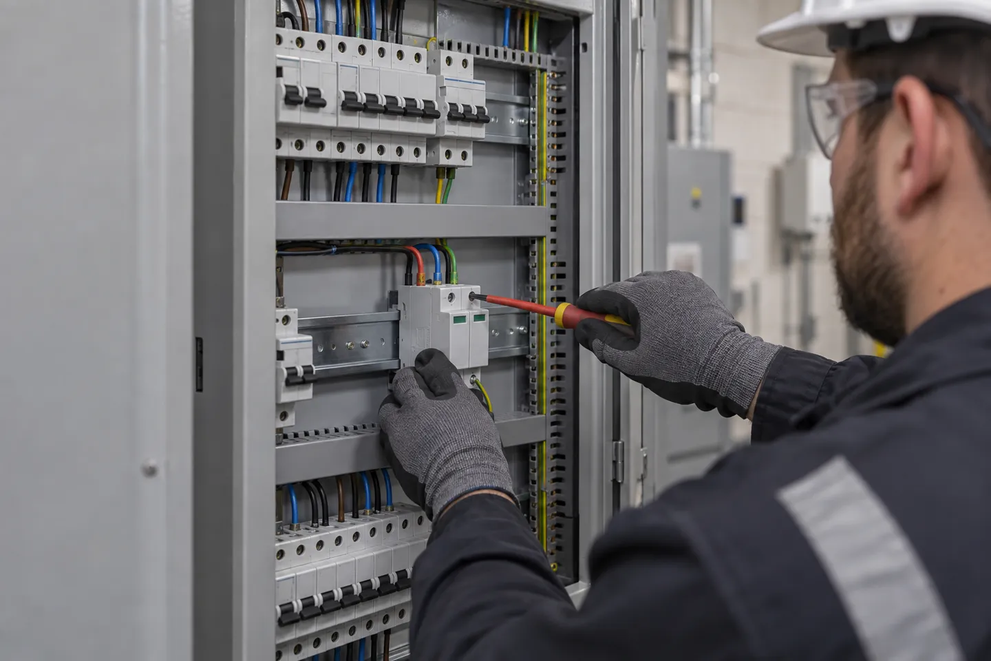 An electrician mounting a Type 2 surge protective device on the DIN rail of a distribution panel, the panel-level layer of surge protection for LED lighting circuits.