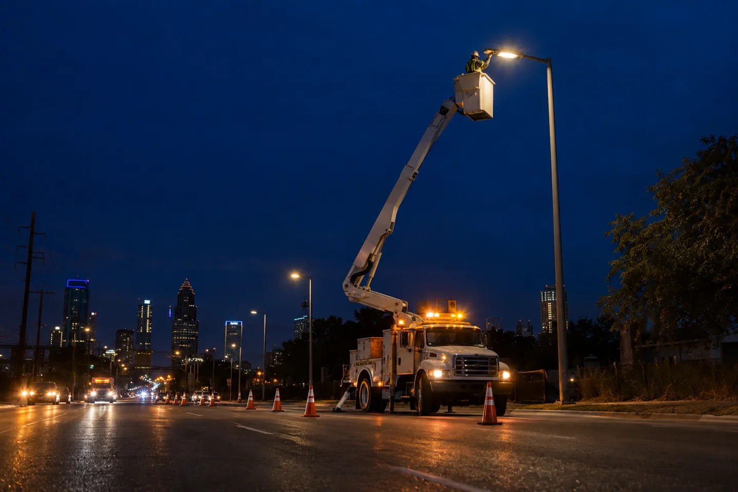 A maintenance crew replacing a storm-damaged LED streetlight head from a bucket truck on a cone-marked urban road at night, the recurring repair cost that proper surge protection for LED lights is meant to prevent.