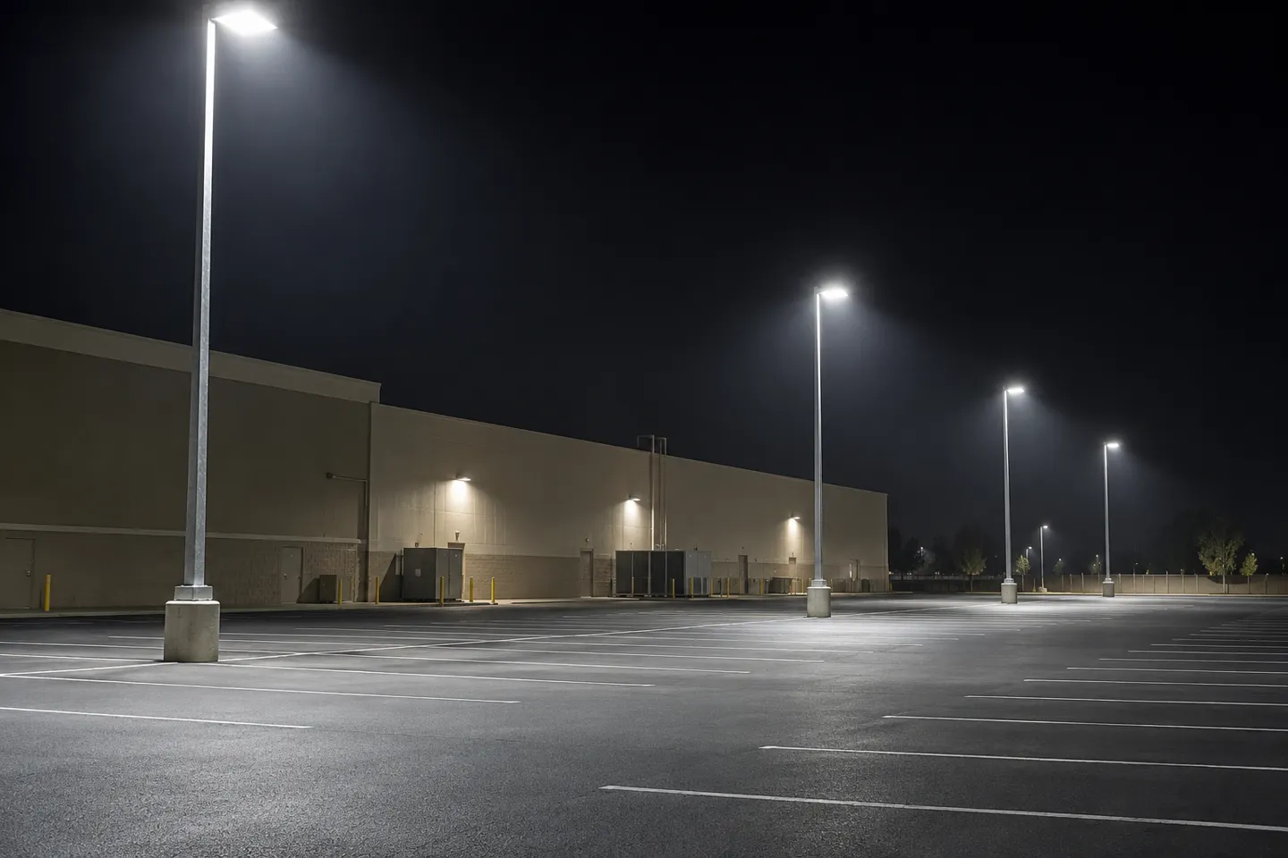 Luces LED de zona montadas en postes que proyectan amplias elipses de luz superpuestas sobre un aparcamiento comercial vacío por la noche, sin zonas oscuras entre las luminarias.