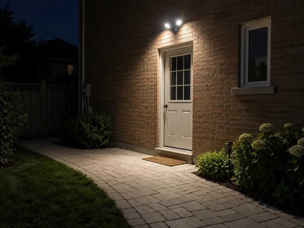 Un proyector LED de seguridad de doble cabezal instalado sobre la puerta lateral de una casa de ladrillo que proyecta un haz de luz uniforme sobre el camino de acceso por la noche, un ejemplo de iluminación de seguridad para exteriores bien colocada