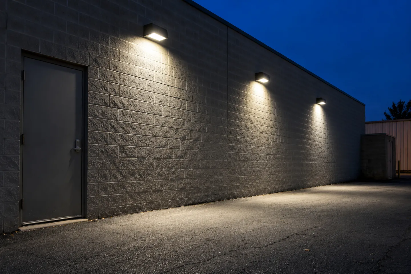 Una hilera de tres apliques de pared LED sellados, instalados en lo alto de la pared de un edificio comercial de bloques de hormigón, que proyectan haces de luz sobre un callejón de servicio al atardecer.