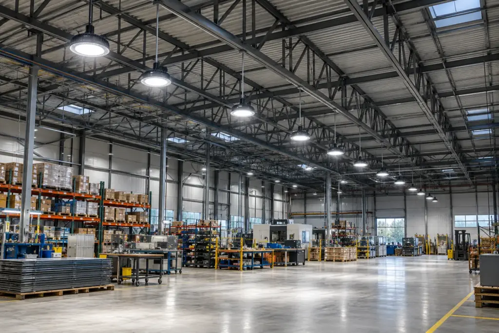 Filas de luminarias LED de gran altura colgadas a una altura de montaje de 20 pies sobre el suelo de trabajo de un almacén moderno y un taller de fabricación