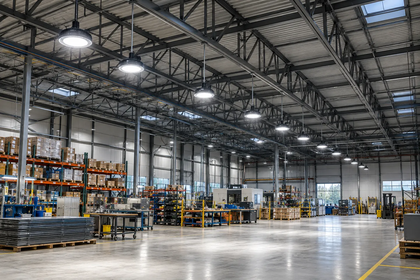 Filas de luminarias LED de gran altura colgadas a una altura de montaje de 20 pies sobre el suelo de trabajo de un almacén moderno y un taller de fabricación