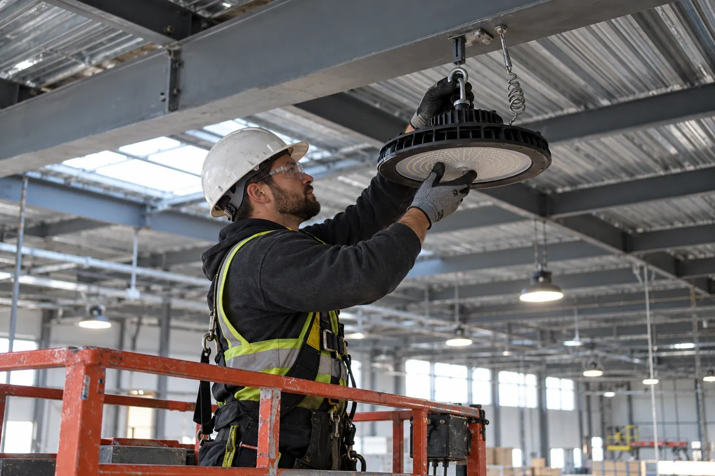 Un electricista subido a una plataforma elevadora de tijera fija una luz de gran altura UFO a la estructura de acero con un gancho y un cable de seguridad durante la instalación de luces LED de gran altura