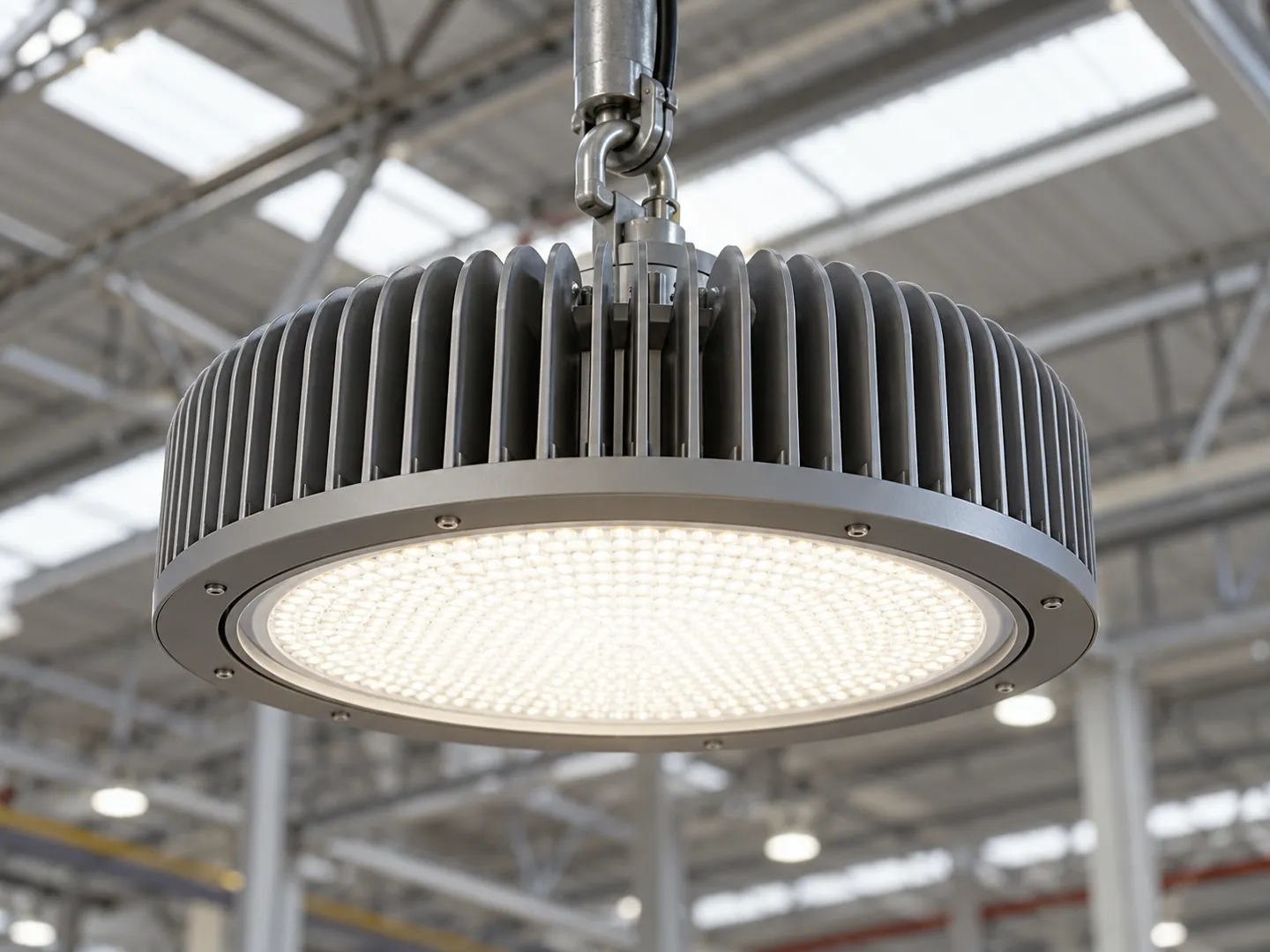 Vista detallada de una luz LED de gran altura UFO con aletas de refrigeración de aluminio a la vista y una lente LED sellada que cuelga de un anillo de montaje