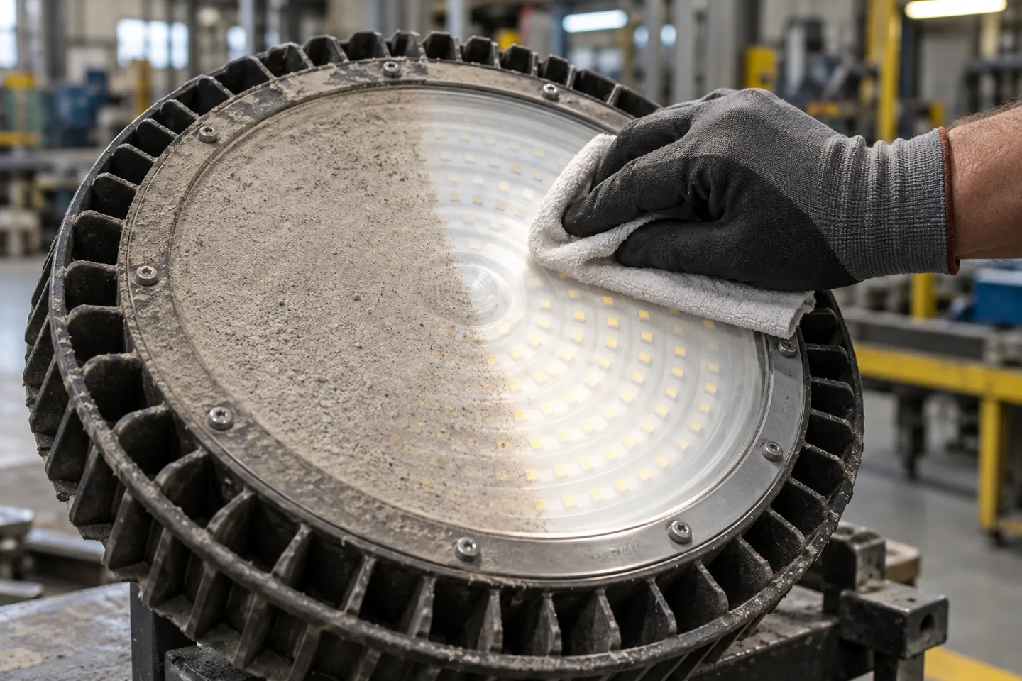 Un técnico limpia el polvo de la lente de una lámpara LED de gran altura, ya que la acumulación de suciedad reduce silenciosamente el rendimiento de la iluminación industrial año tras año.