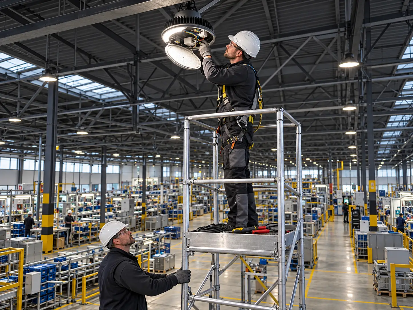 Un electricista, desde una plataforma móvil, comprueba el cableado de una lámpara LED de gran altura que se ha desmontado; este es el primer paso del diagnóstico antes de pedir las piezas de recambio.