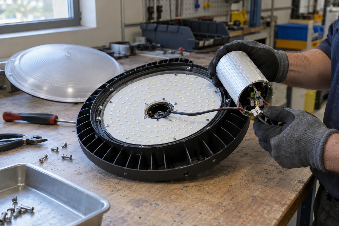 Una lámpara LED de gran altura abierta sobre un banco de trabajo deja al descubierto la placa del chip LED y el controlador cilíndrico, los dos componentes responsables de la mayoría de las averías en la iluminación industrial.