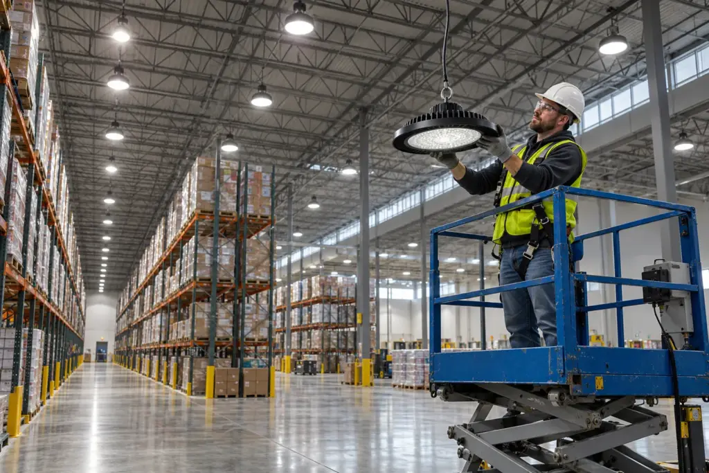 Un técnico de mantenimiento inspecciona una lámpara LED de gran altura de la marca UFO que ha sido desmontada, desde una plataforma elevadora de tijera situada en el pasillo de un almacén, una escena habitual en el mantenimiento de la iluminación industrial.