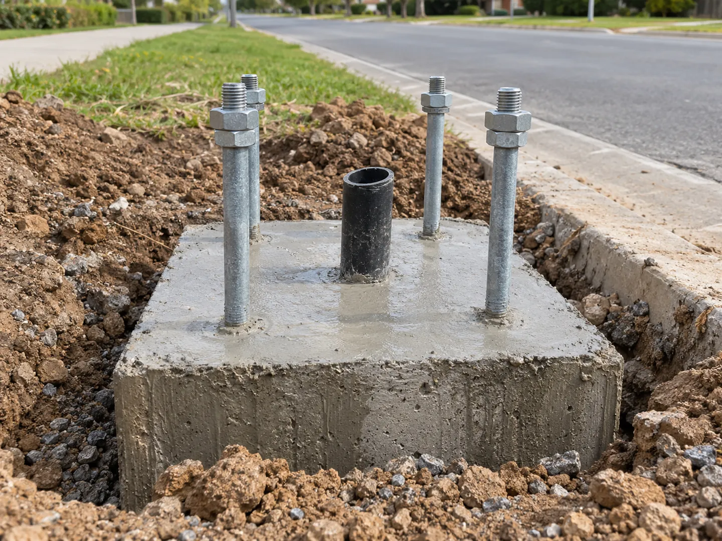 Cimentación de una farola de hormigón recién vertido, con cuatro pernos de anclaje galvanizados dispuestos en forma de cuadrado y un ramal de conducto central para el cableado de alimentación.