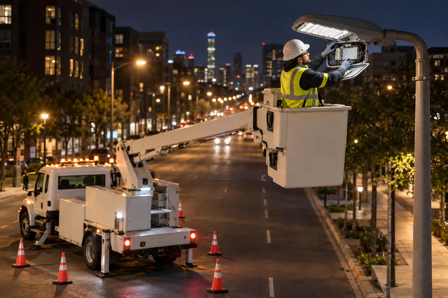 Un técnico que realiza el mantenimiento de una luminaria LED de calle abierta desde un camión con cesta elevadora por la noche: la realidad sobre el terreno que se esconde tras los índices de protección IP y la calidad de los controladores en el alumbrado público
