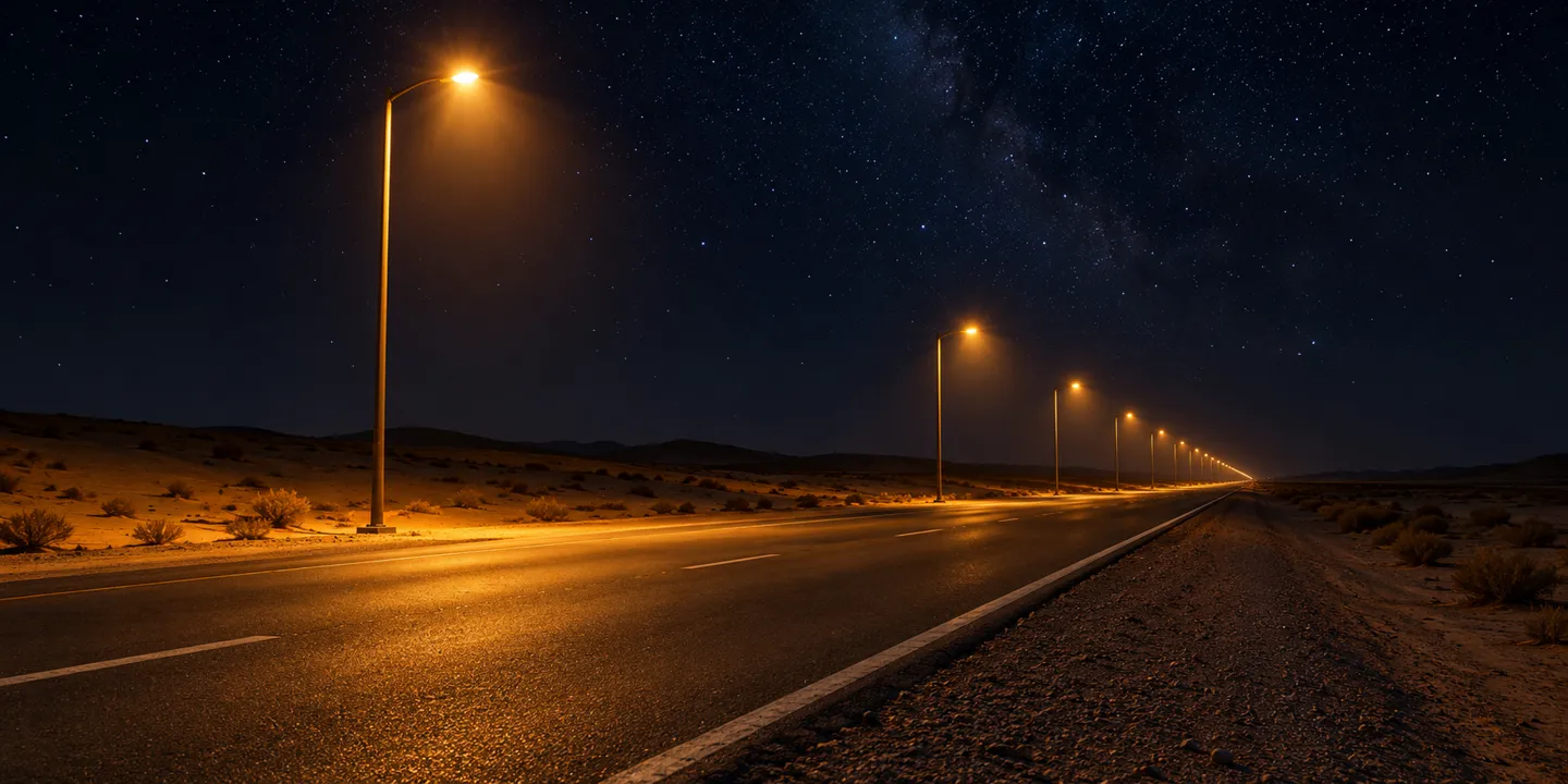Una carretera desértica por la noche, iluminada por una hilera de farolas ámbar muy separadas entre sí que se van alejando poco a poco: esta es la escena con la que comienza esta guía sobre los tipos de alumbrado público