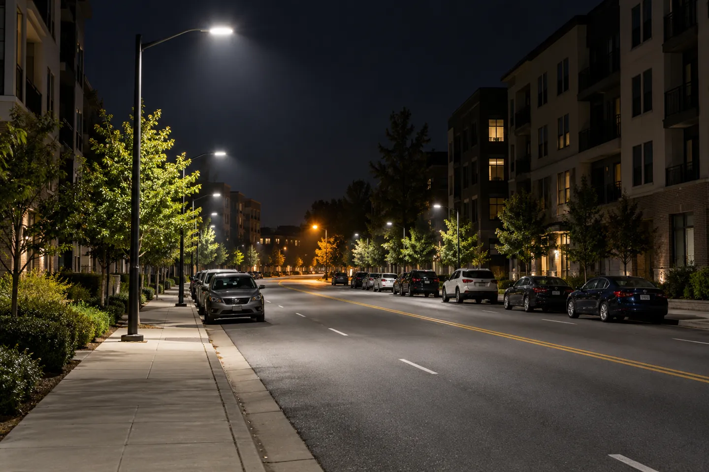 Alumbrado público con LED blancos en una vía colectora de la ciudad por la noche, con un resplandor ámbar procedente de lámparas de sodio de alta presión en la lejanía, y el contraste de temperatura de color entre los distintos tipos de farolas.