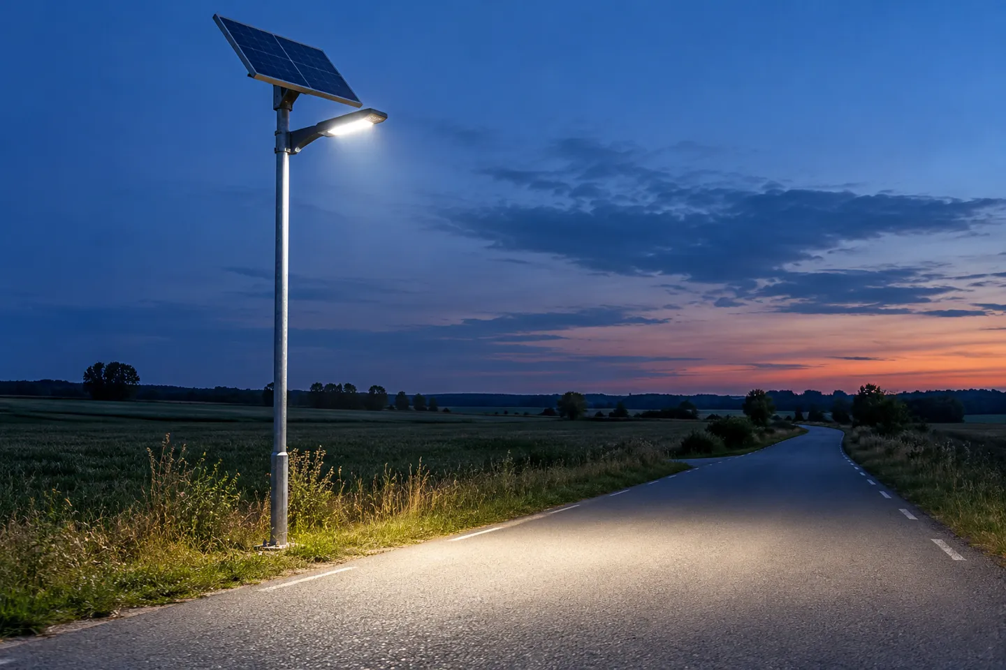 Farola solar «todo en uno» con un panel fotovoltaico en la parte superior y un cabezal LED en la parte inferior, montada en un único poste; sistema de alumbrado público autónomo para carreteras rurales.